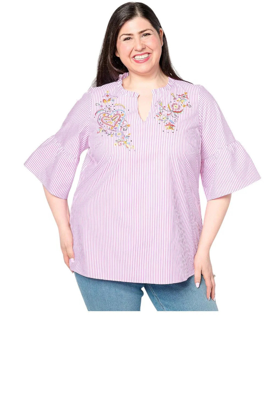 Quacker Factory Floral Fantasy Striped Pop-Over Blouse Dark Pink - Regular